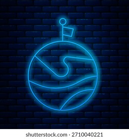 Glowing neon line Moon with flag icon isolated on brick wall background.  Vector Illustration