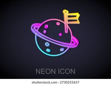 Lua de neon brilhante com ícone de bandeira isolado no fundo preto.  Vetor