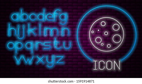 Glowing neon line Moon icon isolated on brick wall background. Neon light alphabet. Vector Illustration