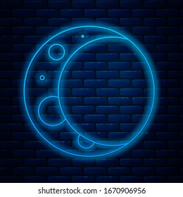 Glowing neon line Moon icon isolated on brick wall background.  Vector Illustration