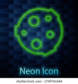 Glowing neon line Moon icon isolated on brick wall background. Vector Illustration