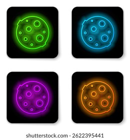 Ícone luminoso da lua isolado no fundo branco. Botão quadrado preto. Ilustração de vetor