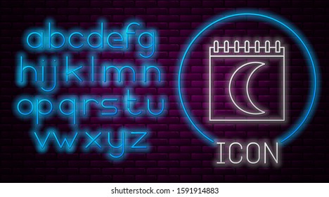 Glowing neon line Moon phases calendar icon isolated on brick wall background. Neon light alphabet. Vector Illustration