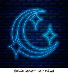 Glowing neon line Moon and stars icon isolated on brick wall background.  Vector Illustration
