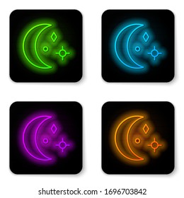Glowing neon line Moon and stars icon isolated on white background. Cloudy night sign. Sleep dreams symbol. Night or bed time sign. Black square button. Vector Illustration