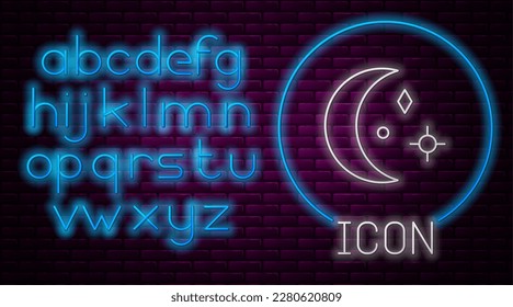 Glowing neon line Moon and stars icon isolated on brick wall background. Cloudy night sign. Sleep dreams symbol. Night or bed time sign. Neon light alphabet. Vector Illustration