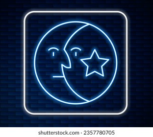 Glowing neon line Moon and stars icon isolated on brick wall background.  Vector