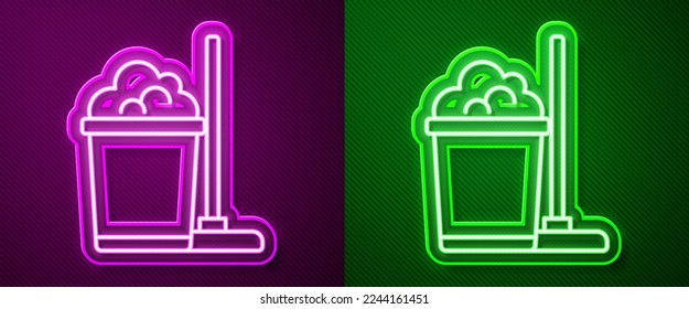 Glowing neon line Mop and bucket icon isolated on purple and green background. Cleaning service concept.  Vector