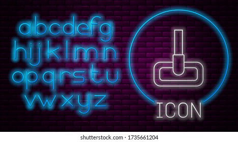 Glowing neon line Mop icon isolated on brick wall background. Cleaning service concept. Neon light alphabet. Vector Illustration