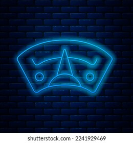 Glowing neon line Motor gas gauge icon isolated on brick wall background. Empty fuel meter. Full tank indication.  Vector