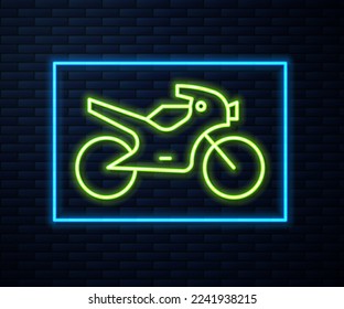 Glowing neon line Motorcycle icon isolated on brick wall background.  Vector Illustration