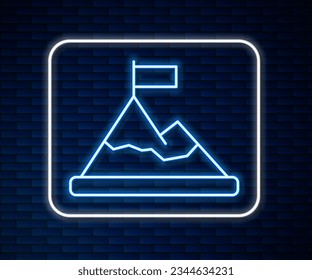 Glowing neon line Mountains with flag on top icon isolated on brick wall background. Symbol of victory or success concept. Goal achievement.  Vector