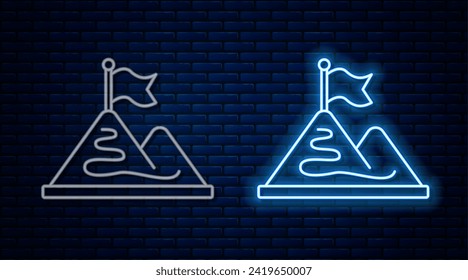 Glowing neon line Mountains with flag on top icon isolated on brick wall background. Symbol of victory or success concept. Goal achievement.  Vector