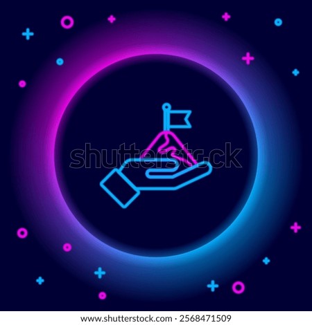 Glowing neon line Mountains with flag on top icon isolated on black background. Symbol of victory or success concept. Goal achievement. Colorful outline concept. Vector