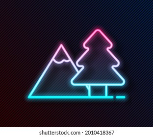 Glühende Neonline-Berge mit Baumsymbol einzeln auf schwarzem Hintergrund. Symbol des Sieges oder des Erfolgs-Konzepts.  Vektorgrafik