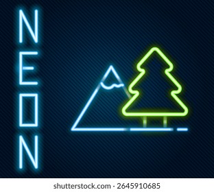Glowing neon line Mountains with tree icon isolated on black background. Symbol of victory or success concept. Colorful outline concept. Vector