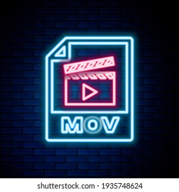 Glowing neon line MOV file document. Download mov button icon isolated on brick wall background. MOV file symbol. Audio and video collection. Colorful outline concept. Vector