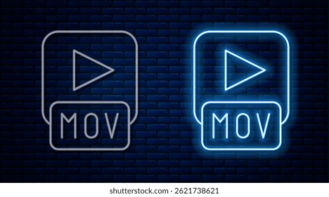 Glowing neon line MOV file document. Download mov button icon isolated on brick wall background. MOV file symbol. Audio and video collection.  Vector