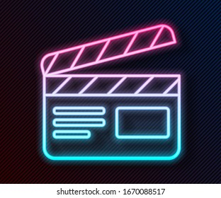 Glowing neon line Movie clapper icon isolated on black background. Film clapper board. Clapperboard sign. Cinema production or media industry.  Vector Illustration