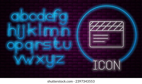 Glowing neon line Movie clapper icon isolated on brick wall background. Film clapper board. Clapperboard sign. Cinema production or media industry. Neon light alphabet. Vector