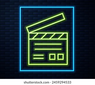 Glowing neon line Movie clapper icon isolated on brick wall background. Film clapper board. Clapperboard sign. Cinema production or media industry.  Vector Illustration