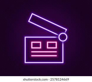 Glowing neon line Movie clapper icon isolated on black background. Film clapper board. Clapperboard sign. Cinema production or media industry. Colorful outline concept. Vector