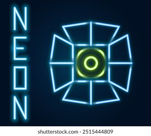 Icono brillante del proyector de la película de la línea de neón aislado en fondo negro. Efecto de luz. Escena, Estudio, Espectáculo. Concepto de contorno colorido. Ilustración vectorial