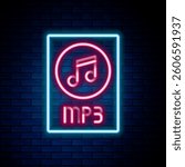 Glowing neon line MP3 file document. Download mp3 button icon isolated on brick wall background. Mp3 music format sign. MP3 file symbol. Colorful outline concept. Vector