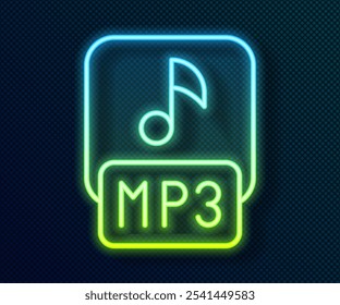 Documento de arquivo MP3 de linha neon brilhante. Ícone do botão de mp3 isolado no fundo preto. Sinal de formato de música Mp3. Símbolo de arquivo MP3.  Vetor