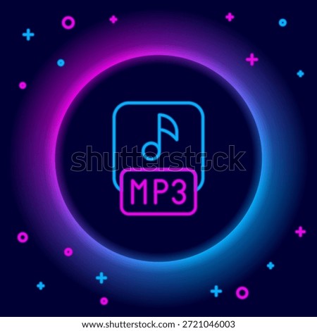 Glowing neon line MP3 file document. Download mp3 button icon isolated on black background. Mp3 music format sign. MP3 file symbol. Colorful outline concept. Vector