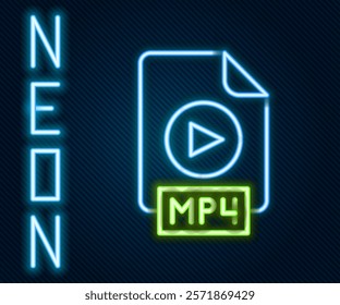 Glowing neon line MP4 file document. Download mp4 button icon isolated on black background. MP4 file symbol. Colorful outline concept. Vector