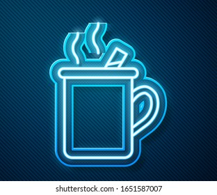 Glowing neon line Mulled wine with glass of drink and ingredients icon isolated on blue background. Cinnamon stick, clove, lemon slice.  Vector Illustration