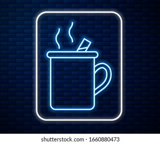 Glowing neon line Mulled wine with glass of drink and ingredients icon isolated on brick wall background. Cinnamon stick, clove, lemon slice.  Vector Illustration