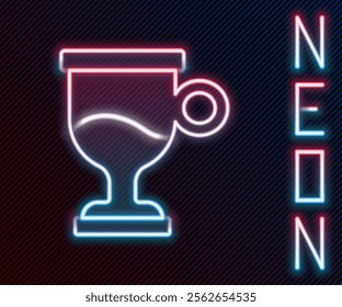 Glowing neon line Mulled wine with glass of drink and ingredients icon isolated on black background. Cinnamon stick, clove, lemon slice. Colorful outline concept. Vector