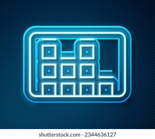 Glowing neon line Music equalizer icon isolated on blue background. Sound wave. Audio digital equalizer technology, console panel, pulse musical.  Vector