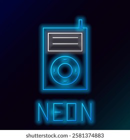 Glowing neon line Music MP3 player icon isolated on black background. Portable music device. Colorful outline concept. Vector