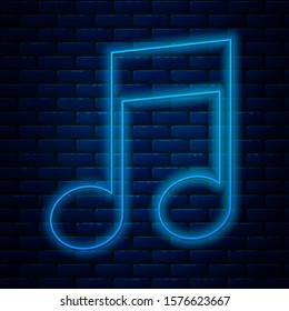 Glowing neon line Music note, tone icon isolated on brick wall background.  Vector Illustration