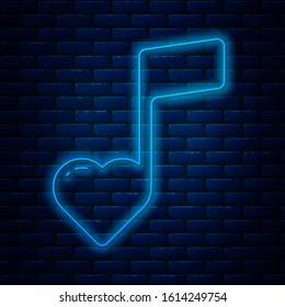 Glowing neon line Music note, tone with hearts icon isolated on brick wall background. Valentines day.  Vector Illustration