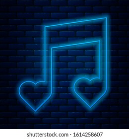 Glowing neon line Music note, tone with hearts icon isolated on brick wall background. Valentines day.  Vector Illustration