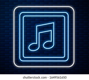 Glowing neon line Music note, tone icon isolated on brick wall background.  Vector Illustration