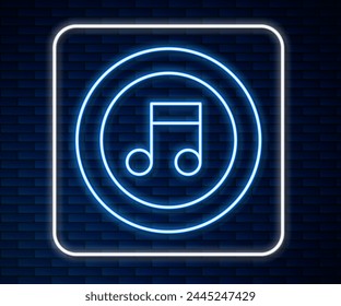 Glowing neon line Music note, tone icon isolated on brick wall background.  Vector