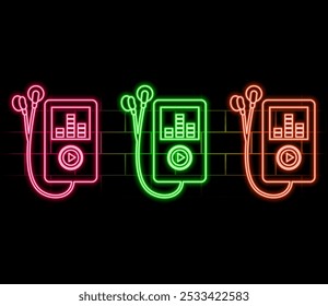 Glowing neon line Music player icon isolated on brick wall background. Portable music device. Vector.pink.