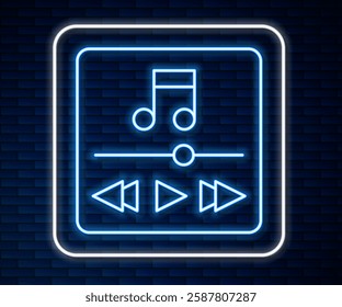 Glowing neon line Music player icon isolated on brick wall background. Portable music device.  Vector