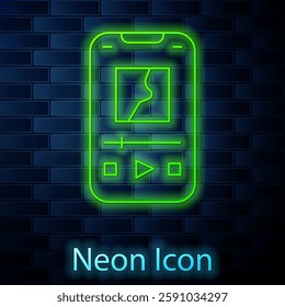 Glowing neon line Music player icon isolated on brick wall background. Portable music device.  Vector