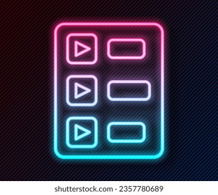 Glowing neon line Music playlist icon isolated on black background.  Vector