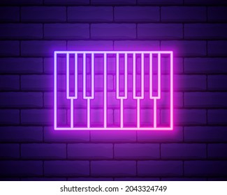 Glowing neon line Music synthesizer icon isolated on brick wall background. Electronic piano. Vector Illustration.