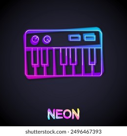 Glowing neon line Music synthesizer icon isolated on black background. Electronic piano.  Vector