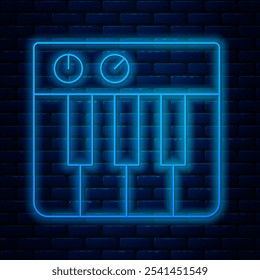 Glowing neon line Music synthesizer icon isolated on brick wall background. Electronic piano.  Vector