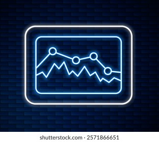 Glowing neon line Music wave equalizer icon isolated on brick wall background. Sound wave. Audio digital equalizer technology, console panel, pulse musical.  Vector