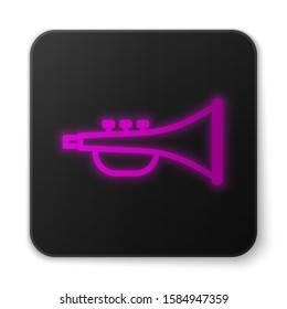 Glowing neon line Musical instrument trumpet icon isolated on white background. Black square button. Vector Illustration